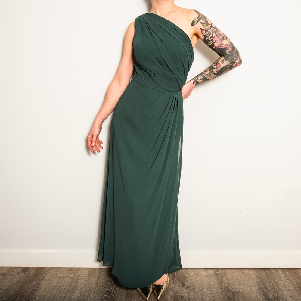 Bill Levkoff Deep Hunter Green One Shoulder Formal Dress